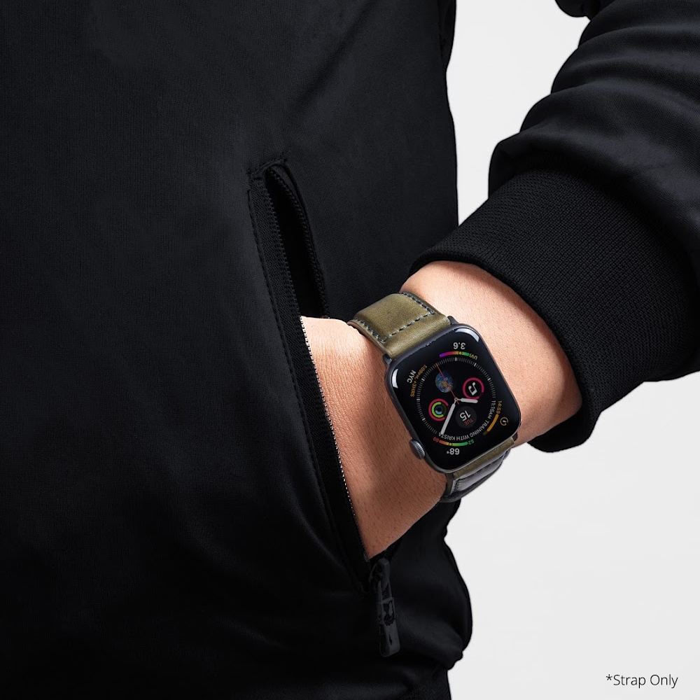 (24 mm) - ADAPTER 44/45 mm Horween Leather Apple Watch Strap Handmade Leather Premium Padded-Dark Olive