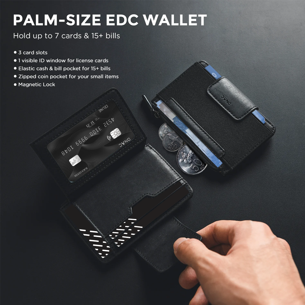 DNAC Bifold Wallet with Zipper Pocket and Elastic Card Slot
